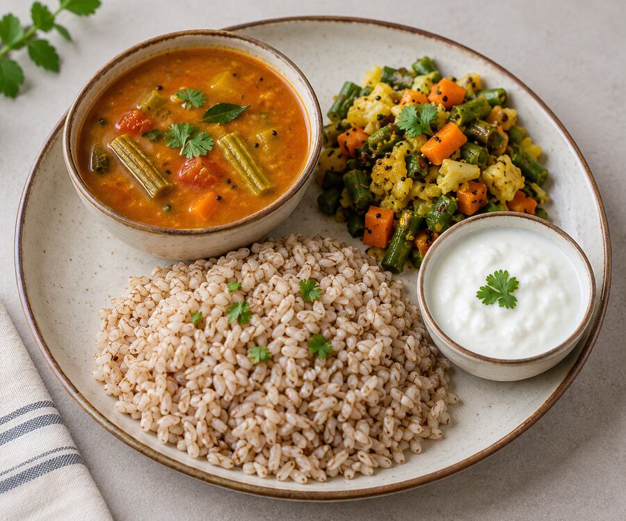 Brown rice with sambar, vegetables and curd
